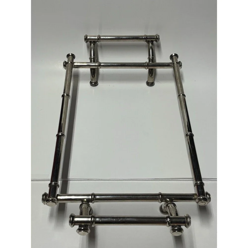 Vintage Hollywood Regency Faux Bamboo Silver Tone Serving Platter Plate Stand